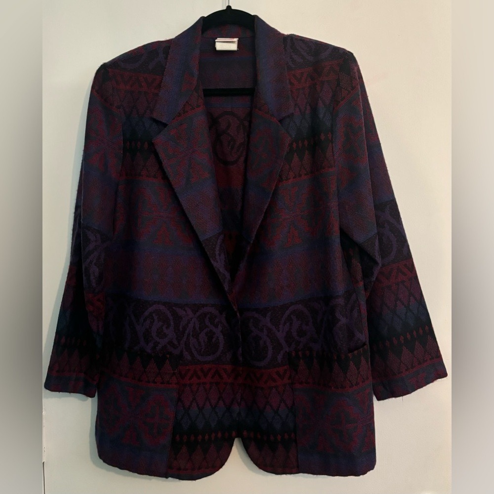 Vintage Haband! Womens Multi-Print Blazer Sz Med Jewel Tones Pockets Made in USA